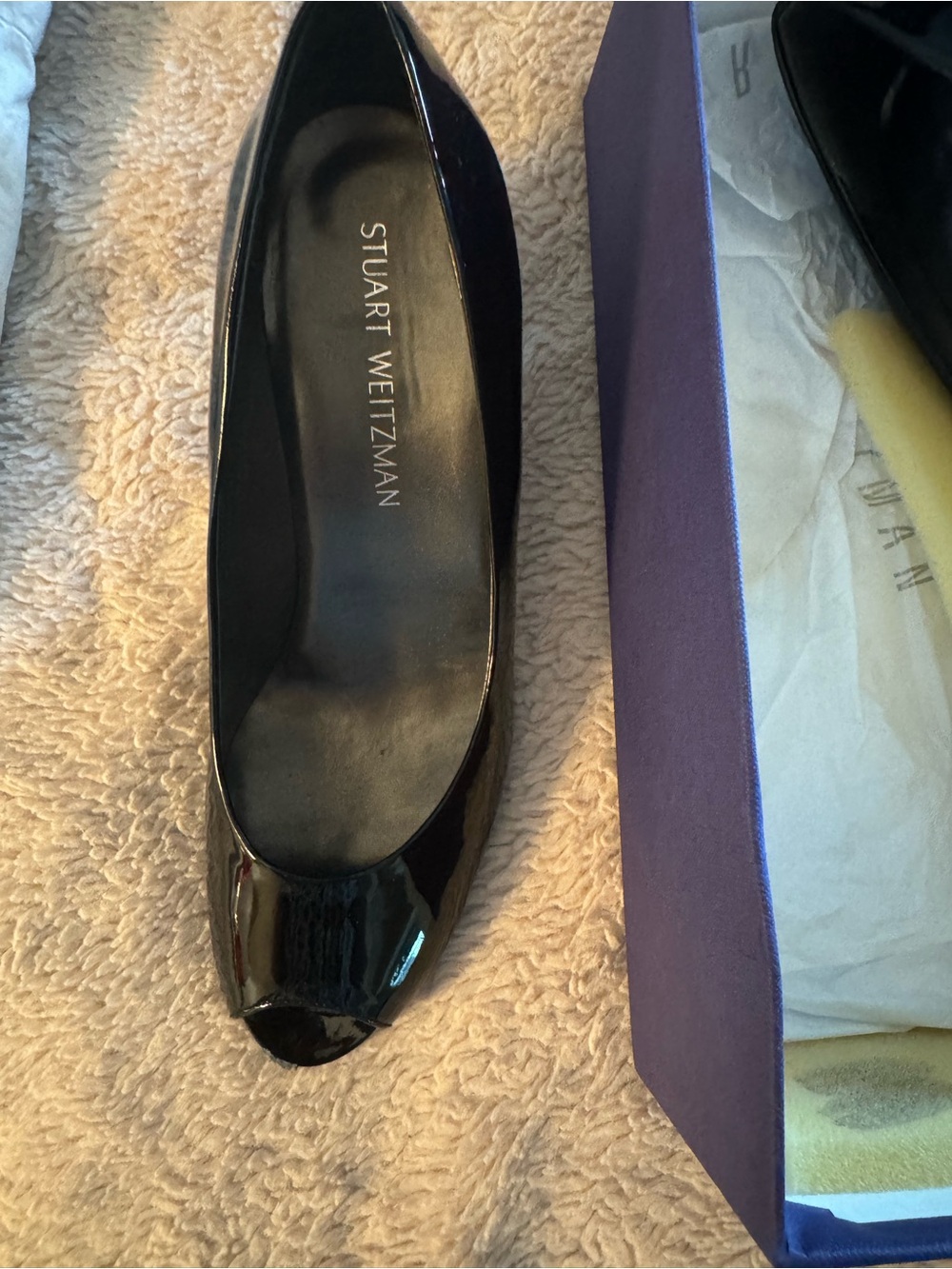 Stuart Weitzman Black Patent Peep-Toe Wedges